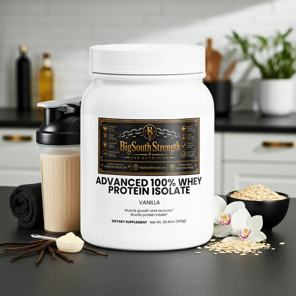 Vanilla whey protein isolate for muscle growth and recovery, with shaker and oats nearby