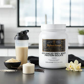 Vanilla whey protein isolate with shaker and vanilla beans for muscle recovery