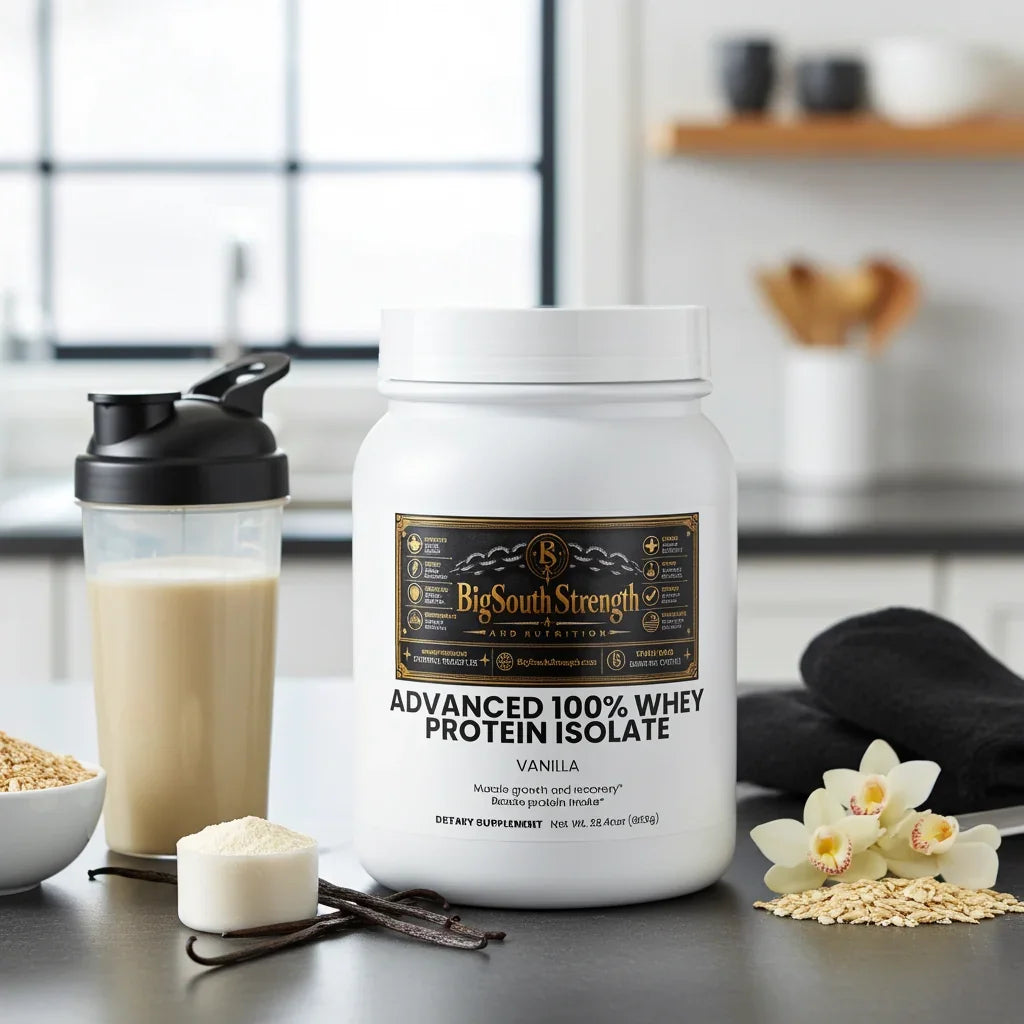 Vanilla whey protein isolate supplement with shaker, oats, and vanilla beans for muscle recovery