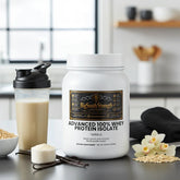Vanilla whey protein isolate supplement with shaker, oats, and vanilla beans for muscle recovery