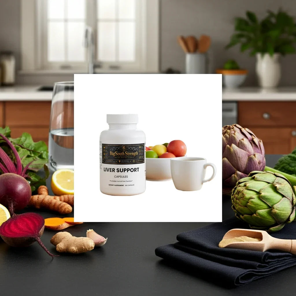 Liver Support Capsules with fresh vegetables and herbs for wellness