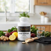BigSouthStrength Liver Support Capsules with lemon, ginger, beets, artichoke, and water on kitchen counter