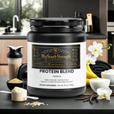 Vanilla protein blend for muscle recovery and strength, with oats, bananas, and vanilla beans on a kitchen counter.