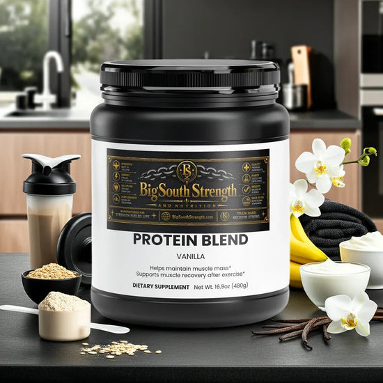 Vanilla protein blend for muscle recovery and strength, with oats, bananas, and vanilla beans on a kitchen counter.
