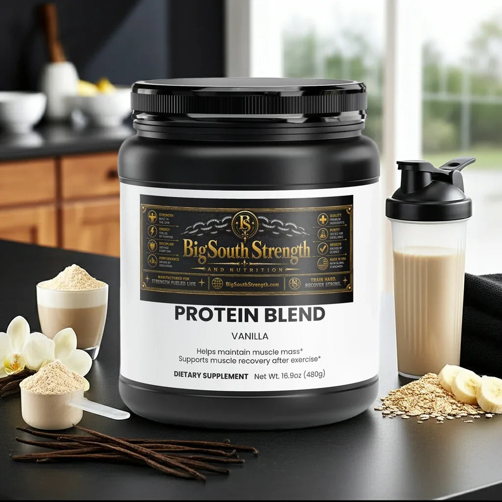 Vanilla protein blend for muscle recovery and growth, with shaker and ingredients displayed