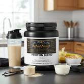 Vanilla protein blend supplement with shaker, oats, banana, and yogurt for muscle recovery