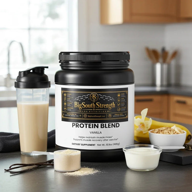 Vanilla protein blend supplement with shaker, oats, banana, and yogurt for muscle recovery