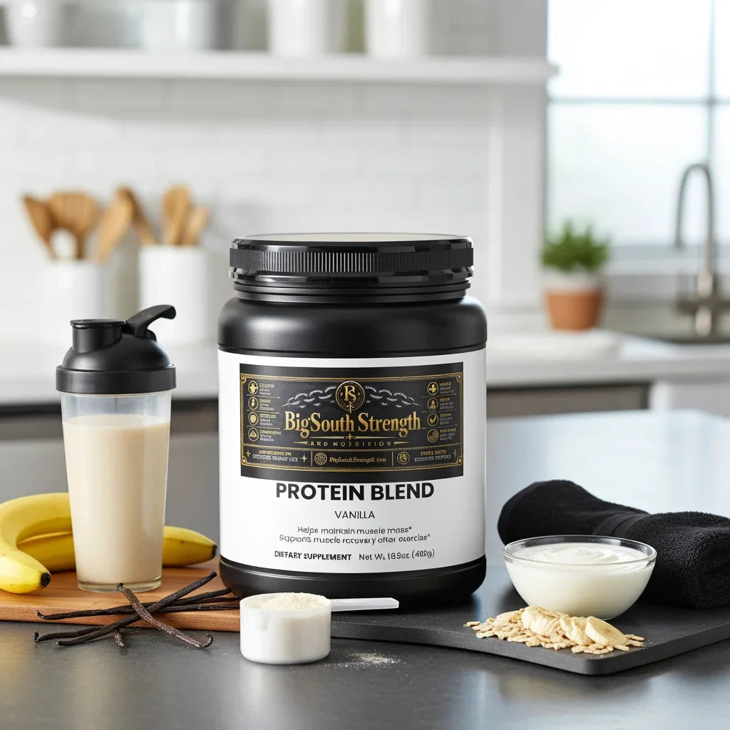 Vanilla protein blend supplement with shaker, bananas, oats, and vanilla beans for muscle recovery