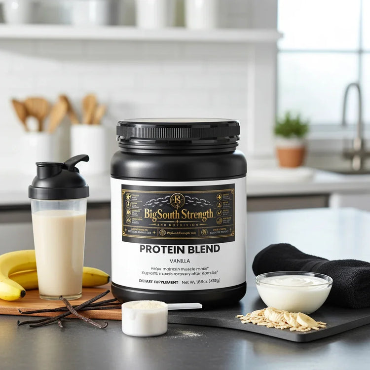 Vanilla protein blend supplement with shaker, bananas, oats, and vanilla beans for muscle recovery