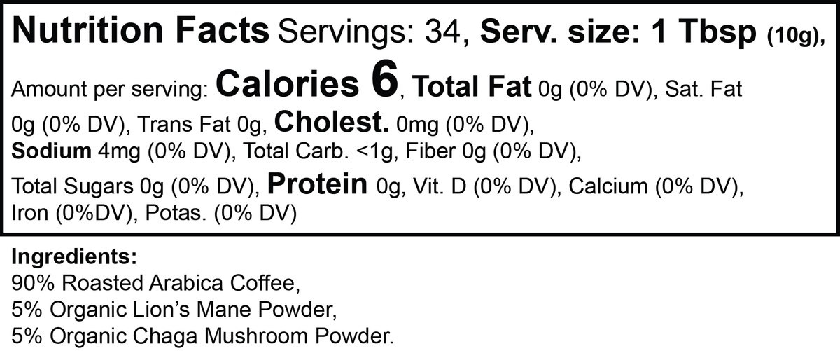 Nutrition facts label for coffee blend with Lion&