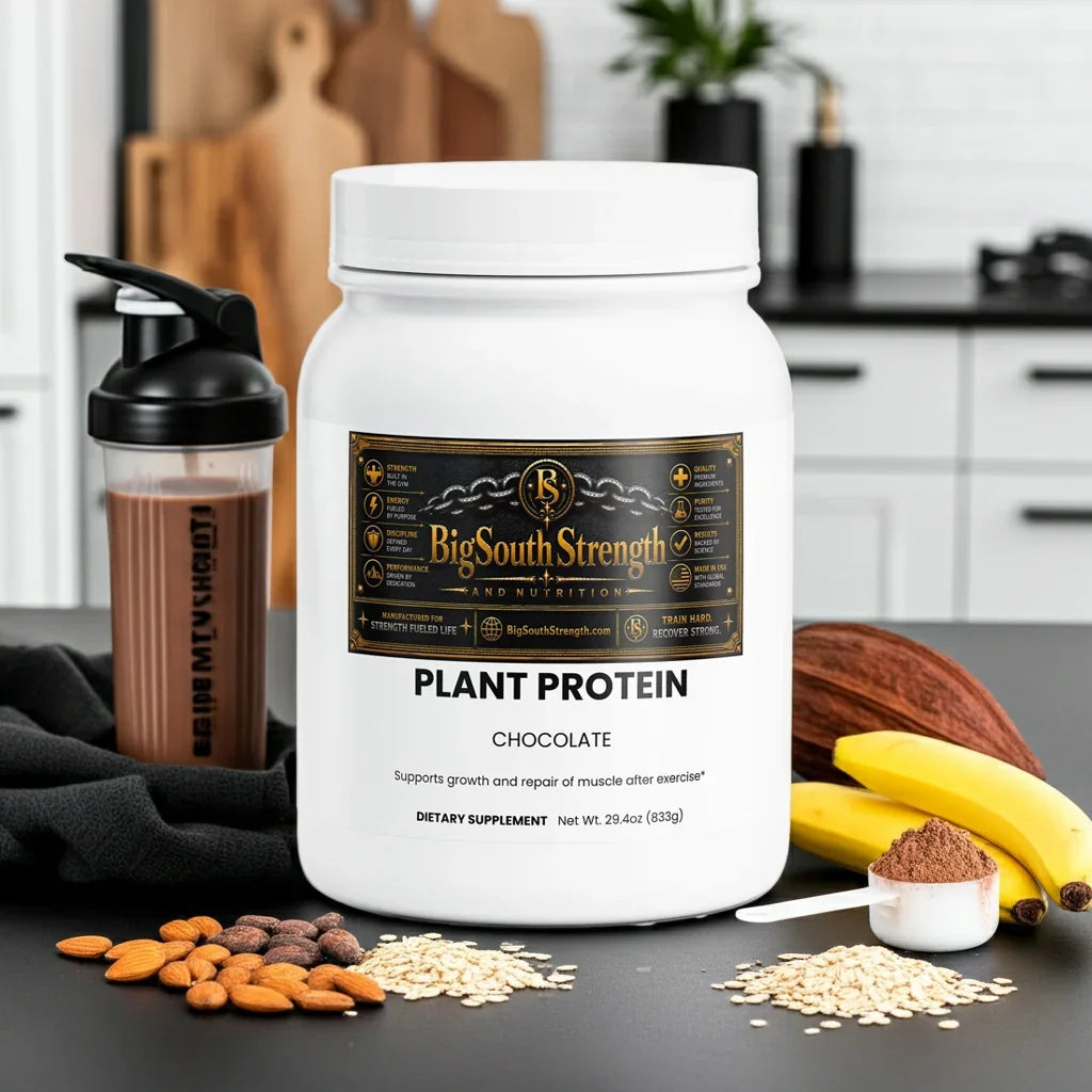 Chocolate plant protein powder with almonds, oats, and bananas for muscle recovery and growth