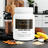 Chocolate plant protein powder with almonds, oats, and bananas for muscle recovery and growth