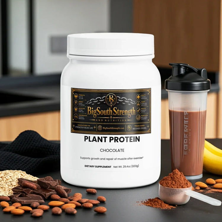 Chocolate plant protein powder tub with shaker, almonds, oats, and banana for muscle recovery and fitness fuel