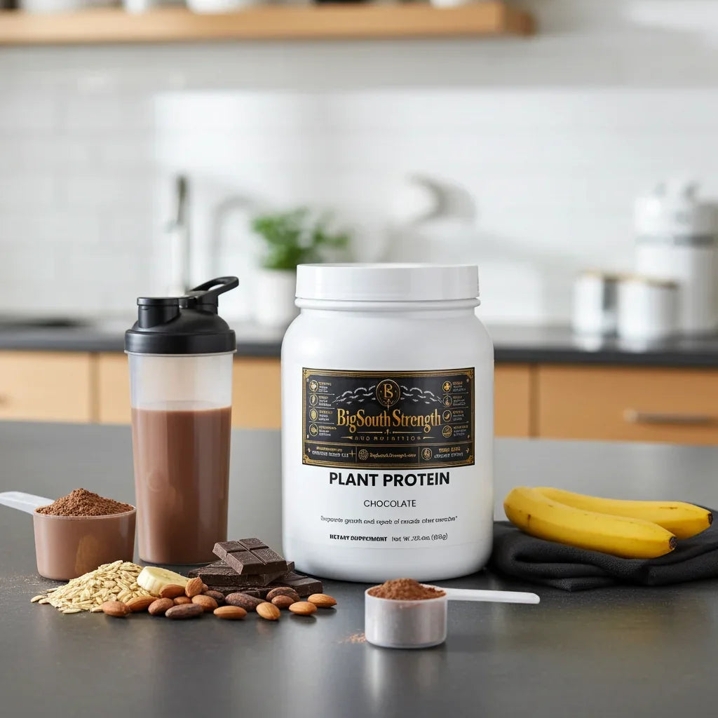 Chocolate plant protein powder with shaker, bananas, and nuts for muscle recovery and wellness