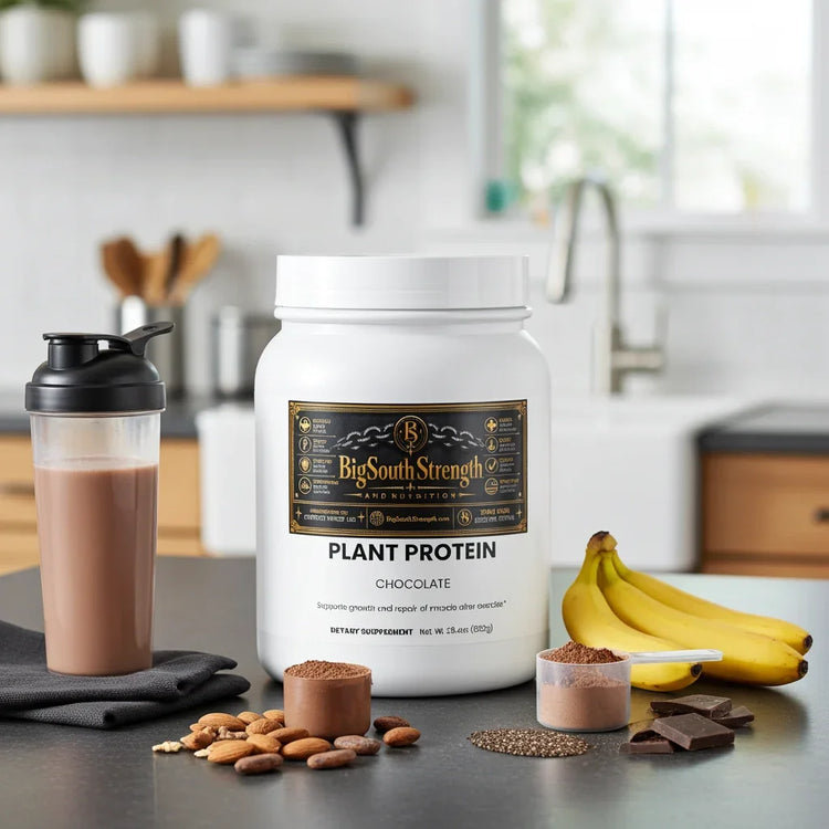 Chocolate plant protein powder with shaker, bananas, almonds, and chocolate pieces on kitchen counter
