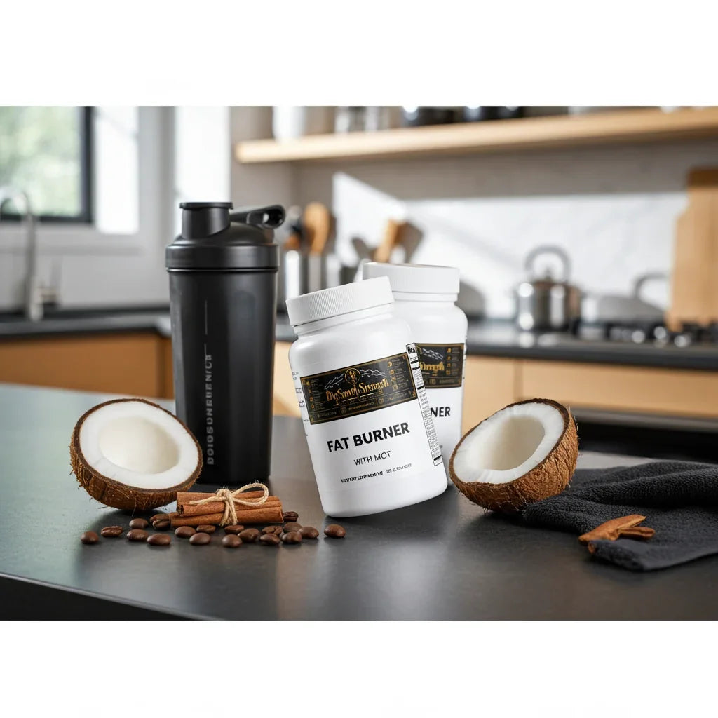 Fat Burner with MCT supplement bottles, coconut halves, cinnamon sticks, and shaker on kitchen counter