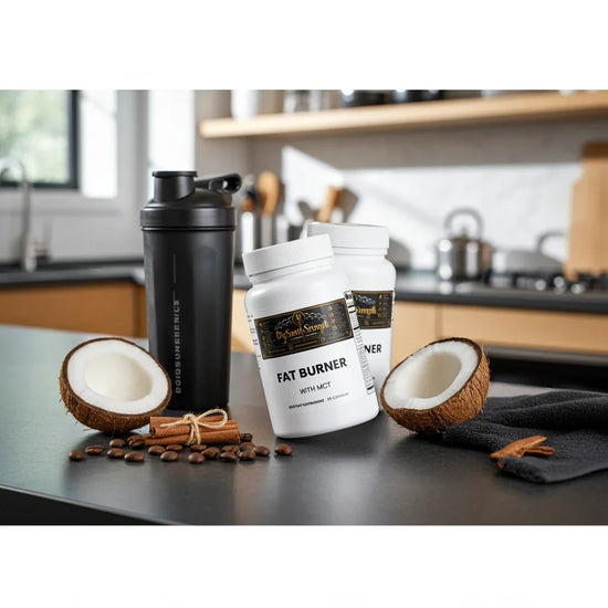 Fat Burner with MCT supplement bottles, coconut halves, cinnamon sticks, and shaker on kitchen counter