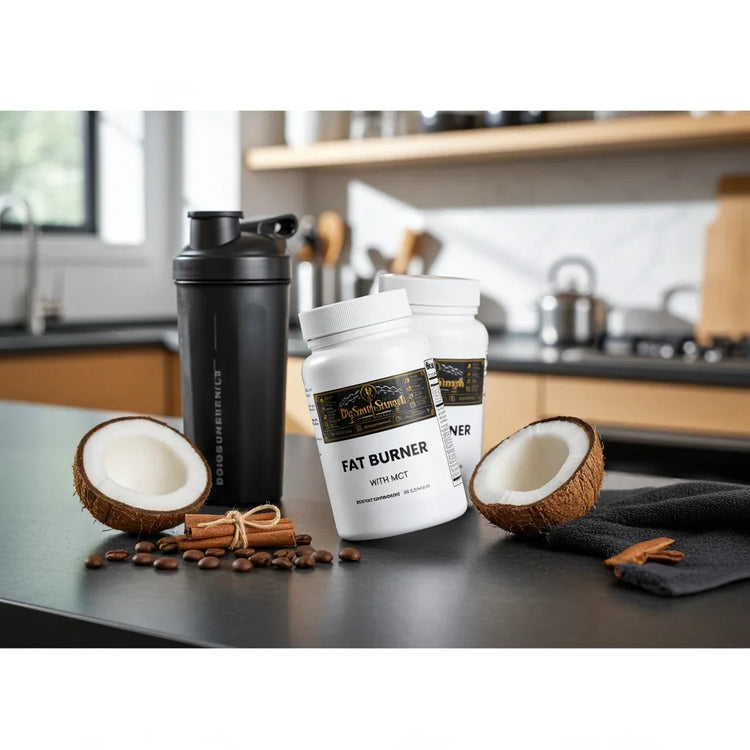 Fat Burner with MCT supplement bottles, coconut halves, cinnamon sticks, and shaker on kitchen counter