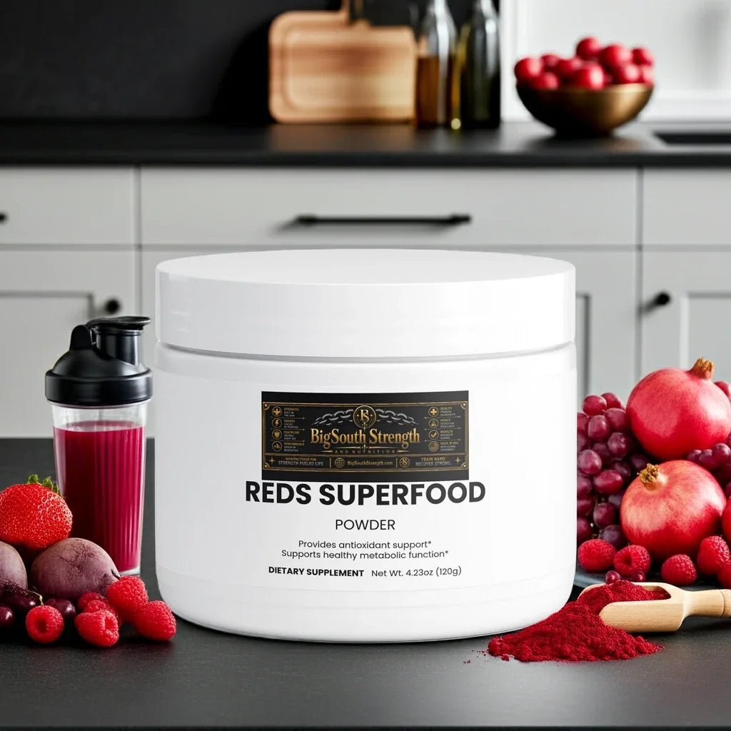 Reds Superfood Powder with antioxidant support, surrounded by fresh berries and pomegranates for wellness.