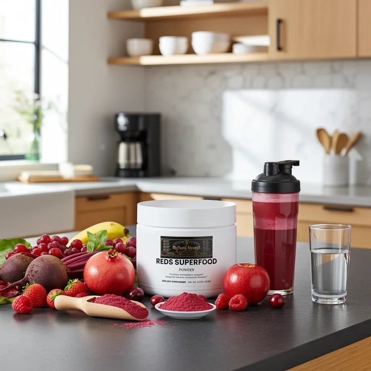 Reds Superfood Powder with vibrant berries, pomegranate, and beetroot on kitchen counter, mixed in shaker