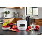 Reds Superfood Powder with fresh berries, apples, and a shaker bottle on a kitchen counter
