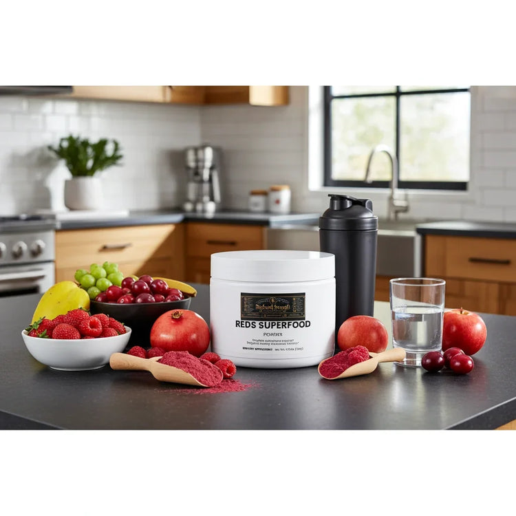 Reds Superfood Powder with fresh berries, apples, and a shaker bottle on a kitchen counter