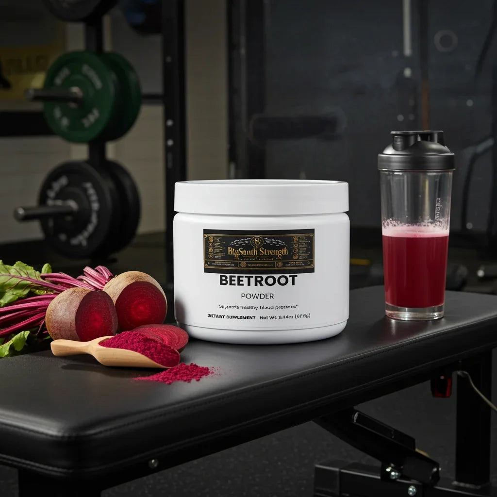Beetroot powder supplement with fresh beets and mixed shake on gym bench for fitness nutrition