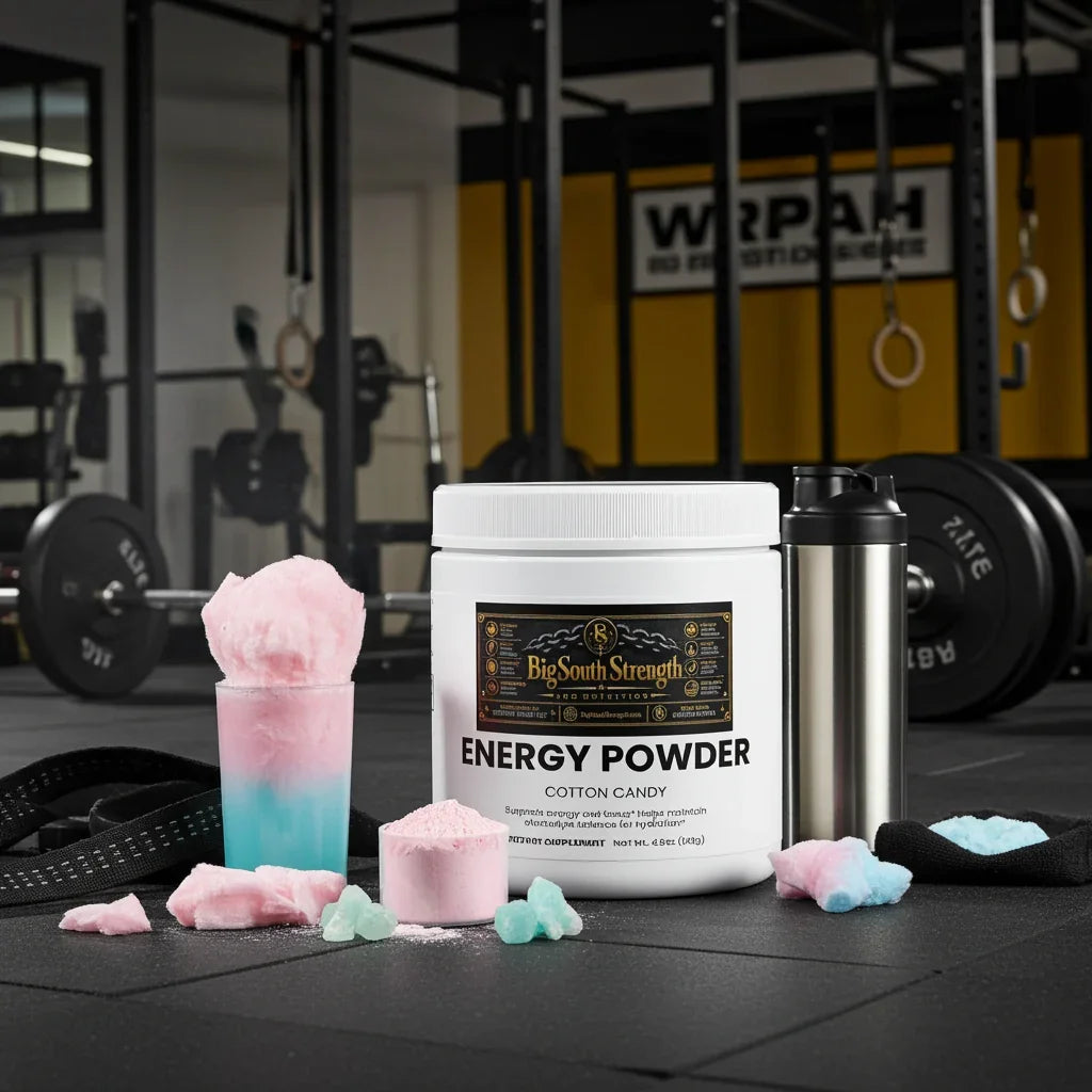 Cotton candy flavored energy powder with gym equipment and shaker bottle