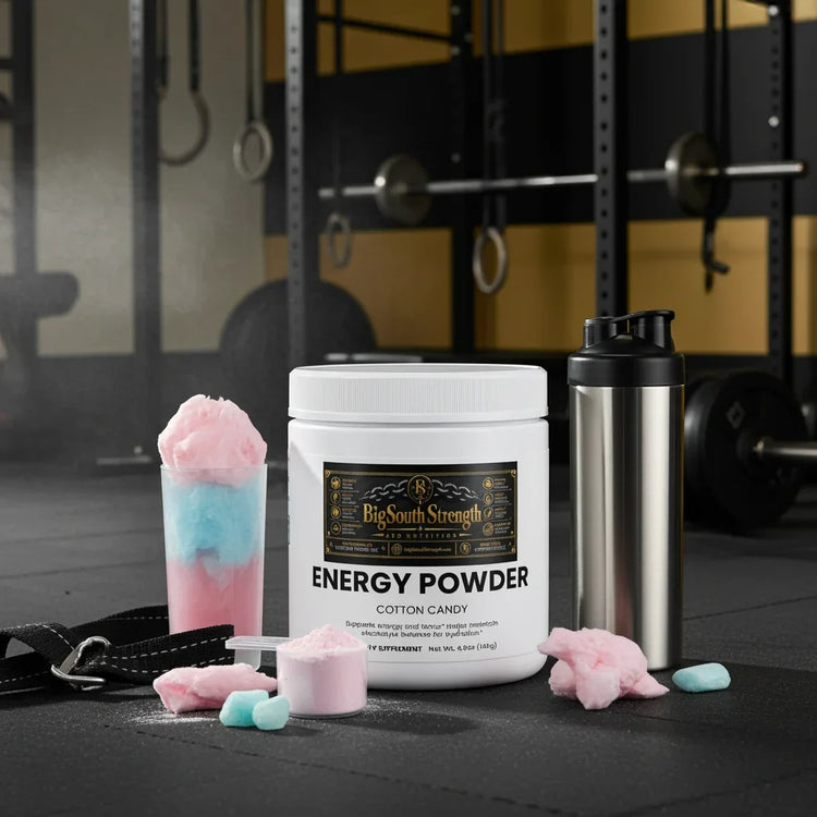 Cotton candy energy powder with shaker bottle in gym setting for workout fuel