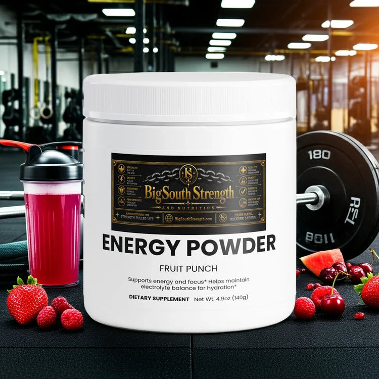 Energy Powder Fruit Punch for workout fuel, hydration, and focus with fresh berries and gym gear