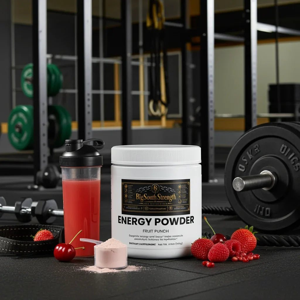 Energy Powder Fruit Punch supplement with mixed berries, gym equipment, and shaker bottle for workout fuel.