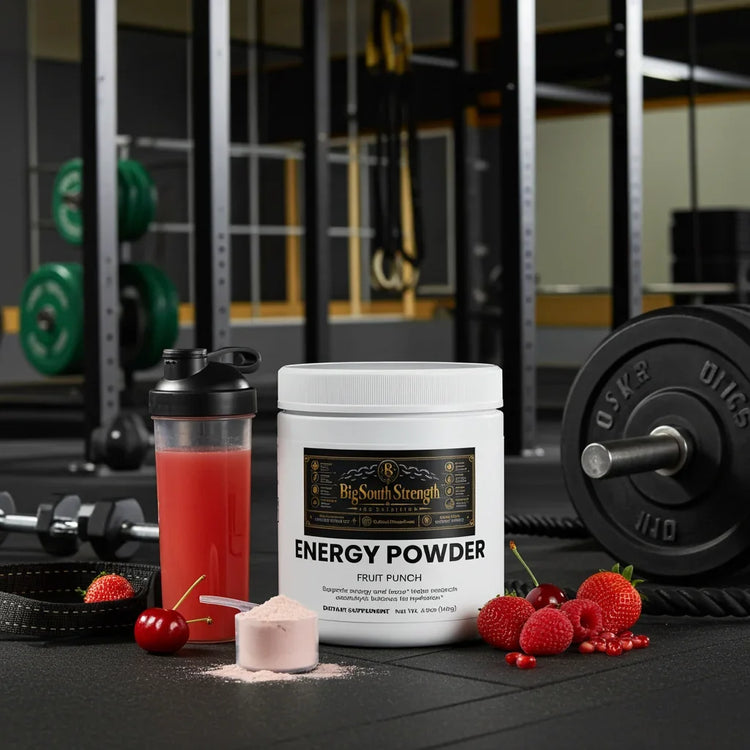 Energy Powder Fruit Punch supplement with mixed berries, gym equipment, and shaker bottle for workout fuel.