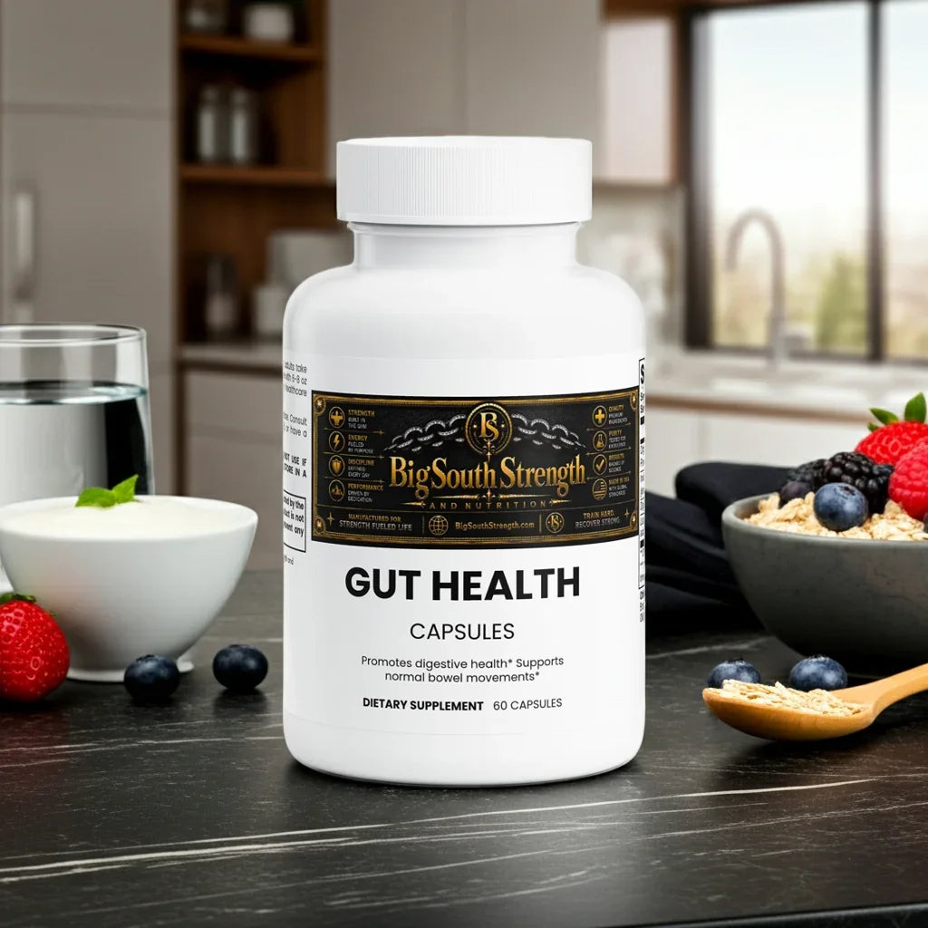 Gut Health Capsules for digestive support, placed on a kitchen counter with berries and yogurt.