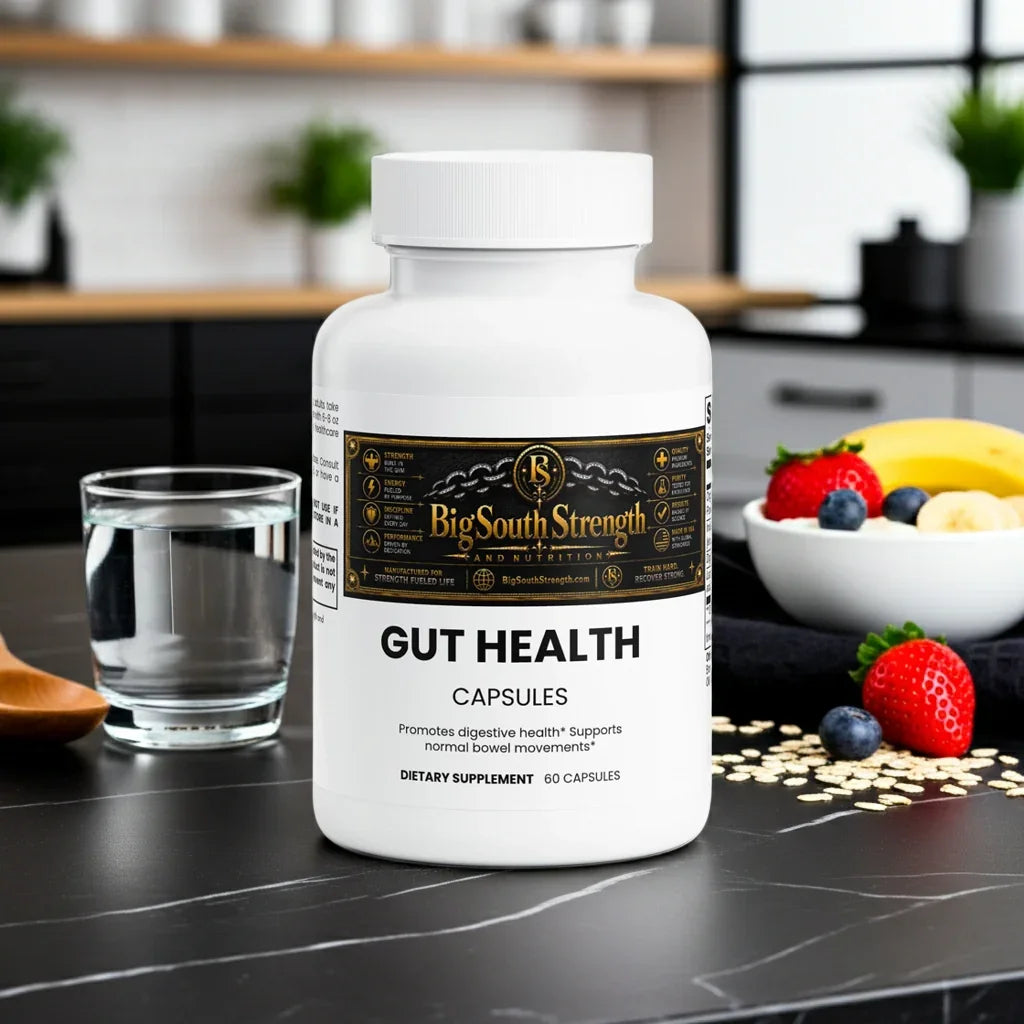 Gut Health Capsules for digestive support, with fresh berries and water on a kitchen counter