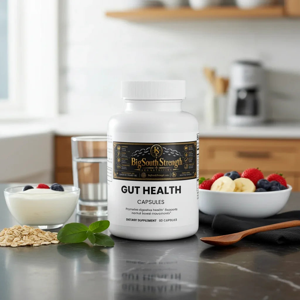 Gut Health Capsules for digestive support with yogurt, berries, and oats on kitchen counter