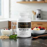 Gut Health Capsules for digestive support with yogurt, berries, and oats on kitchen counter