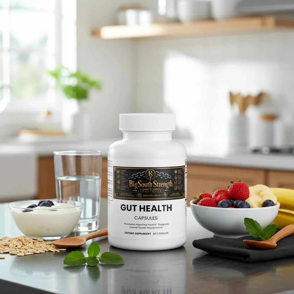 Gut Health Capsules with fresh berries, yogurt, and oats in a bright kitchen setting
