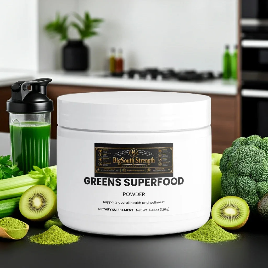 Greens Superfood Powder with kiwi, broccoli, and celery for health and wellness