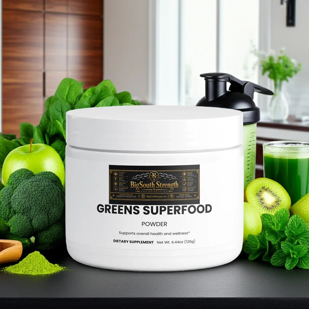 Greens Superfood Powder with fresh veggies and fruits for health and wellness