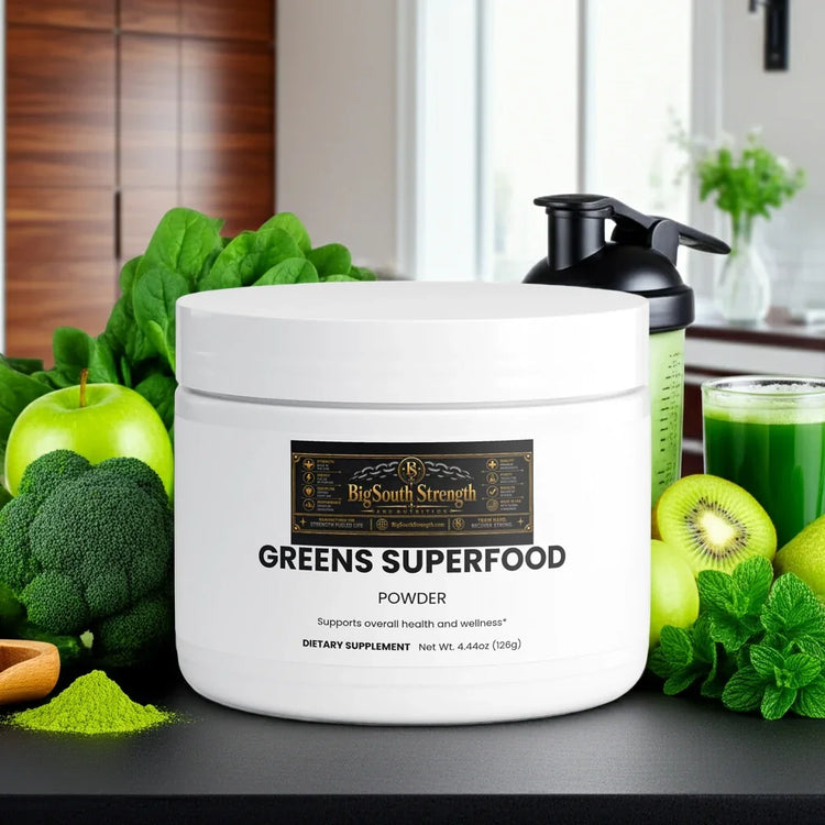 Greens Superfood Powder with fresh veggies and fruits for health and wellness