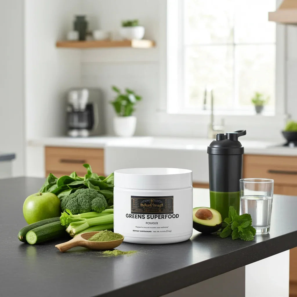 Greens Superfood Powder with fresh veggies, avocado, and shaker for daily wellness and recovery