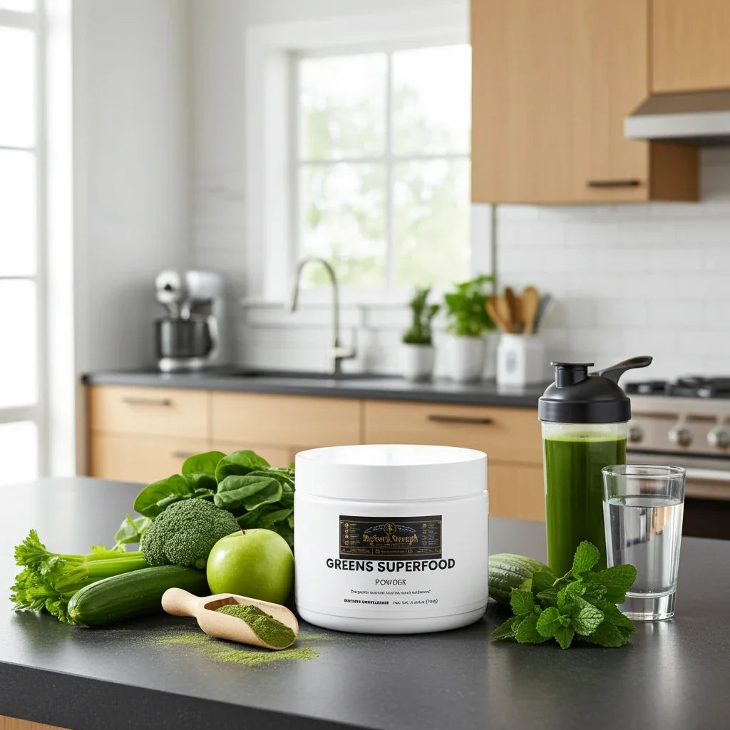 Greens Superfood Powder with fresh veggies, apple, and mint in a kitchen setting for daily wellness.